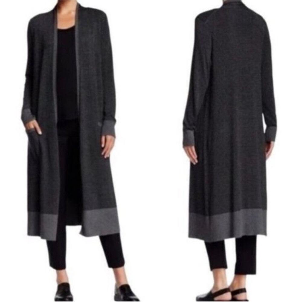 Eileen Fisher Women's Stripe Long Duster Cardigan Sweater Ash/Black Size XS